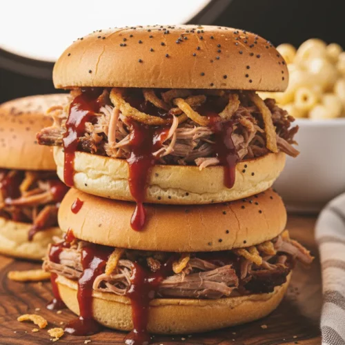 Three rustic slow cooker pulled beef sandwiches stacked on a wooden cutting board, featuring tender shredded beef coated in a thick sauce, crispy fried onions, and slightly porous buns. A bowl of mac and cheese and a striped napkin are visible in the blurred background.