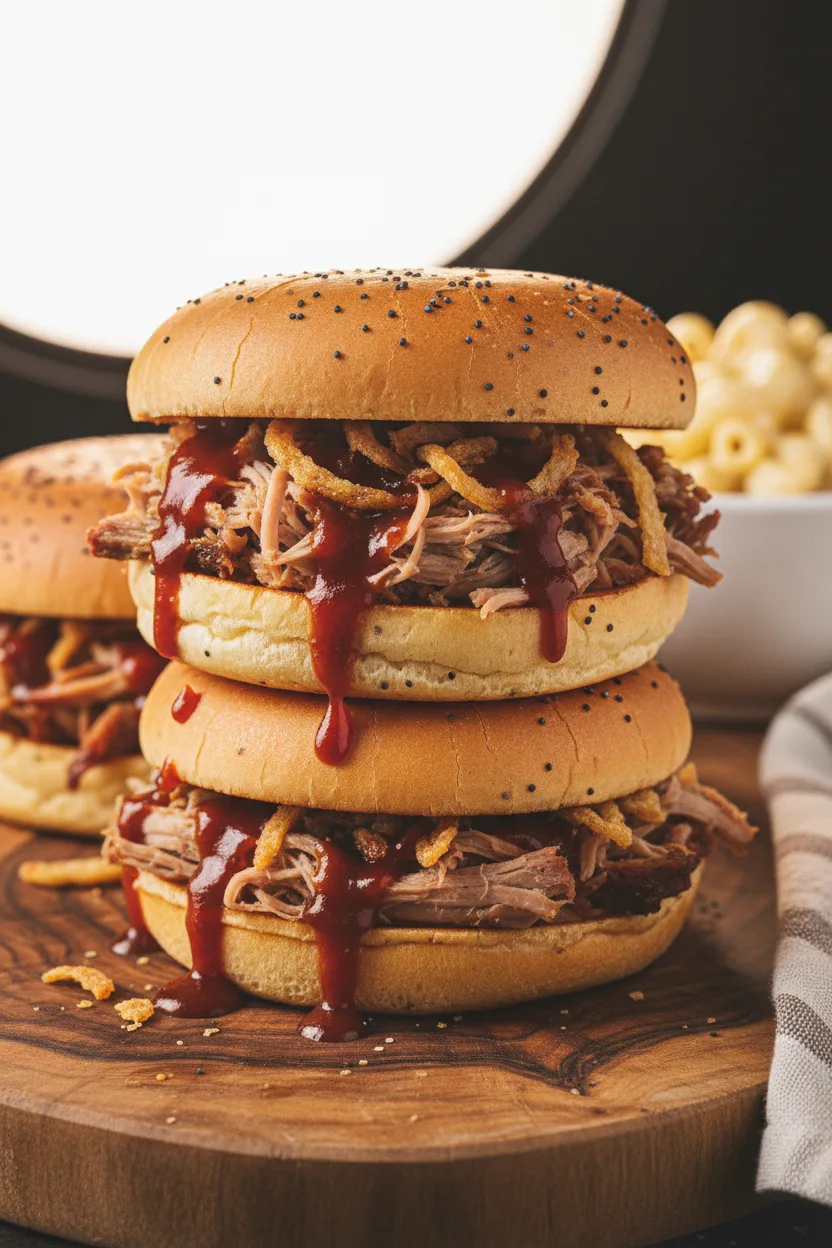 Three rustic slow cooker pulled beef sandwiches stacked on a wooden cutting board, featuring tender shredded beef coated in a thick sauce, crispy fried onions, and slightly porous buns. A bowl of mac and cheese and a striped napkin are visible in the blurred background.