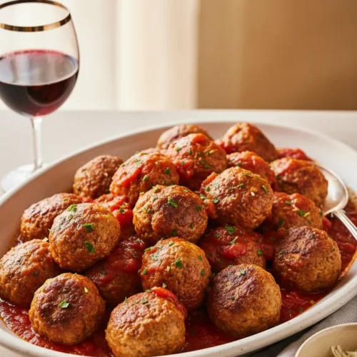 A close-up, editorial-style food photograph of golden-brown slow cooker turkey meatballs generously coated in a rich, thick tomato sauce, served in an oval ceramic platter. Finely chopped fresh parsley is scattered over the top. A glass of red wine, a bowl of grated cheese, and a vintage silver serving spoon are arranged artfully around the platter, suggesting a hearty, family-style meal.