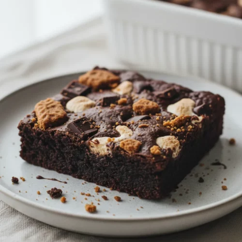 A close-up, editorial photograph of a fudgy dark chocolate brownie topped with crumbled biscuit pieces and visible chunks of melted chocolate or candy. Pockets of marshmallow-like topping are scattered across the surface. The brownie is cut into a slice, resting on a light gray ceramic plate with a silver fork placed across it. In the background, a white baking dish filled with more smores brownies is softly blurred.