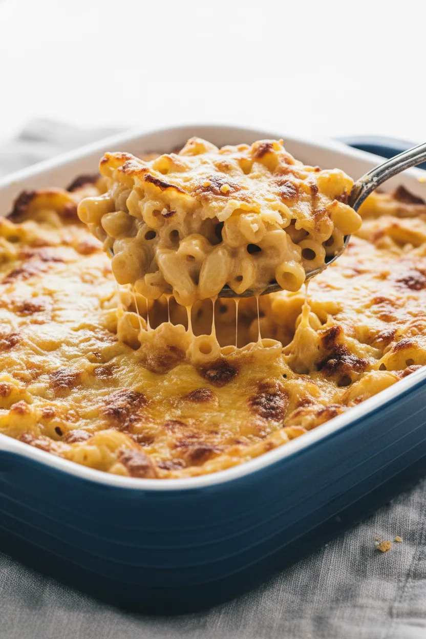 A close-up, high-key image of Southern Baked Mac and Cheese being served, showing a golden-brown, slightly crispy top with a creamy, molten interior. A silver serving spoon lifts a generous portion, highlighting the cheesy pasta texture.