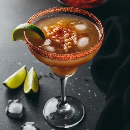 A close-up, dark moody shot of a virgin spicy mango margarita in a stemmed glass. The glass rim is coated with red spice, and the drink features visible pulp and ice cubes with condensation. A lime wedge garnishes the rim, with scattered ice cubes and another lime wedge on a dark textured platter.