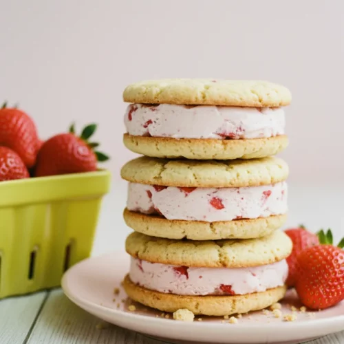 Stack of homemade strawberry ice cream sandwiches with creamy strawberry ice cream filling and crumbly golden-brown cookies, presented on a pale pink plate with fresh strawberries in a yellow basket nearby.