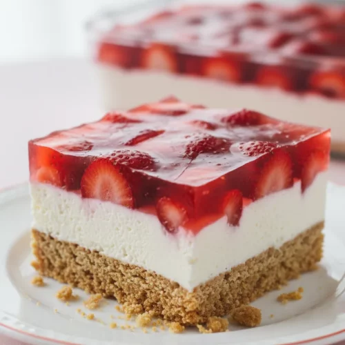 A perfectly cut square of Strawberry Pretzel Salad dessert, showcasing its distinct layers: a translucent red strawberry jelly top, a creamy white middle layer, and a golden-brown pretzel crust base. The dessert sits on a white plate on a pale pink surface.