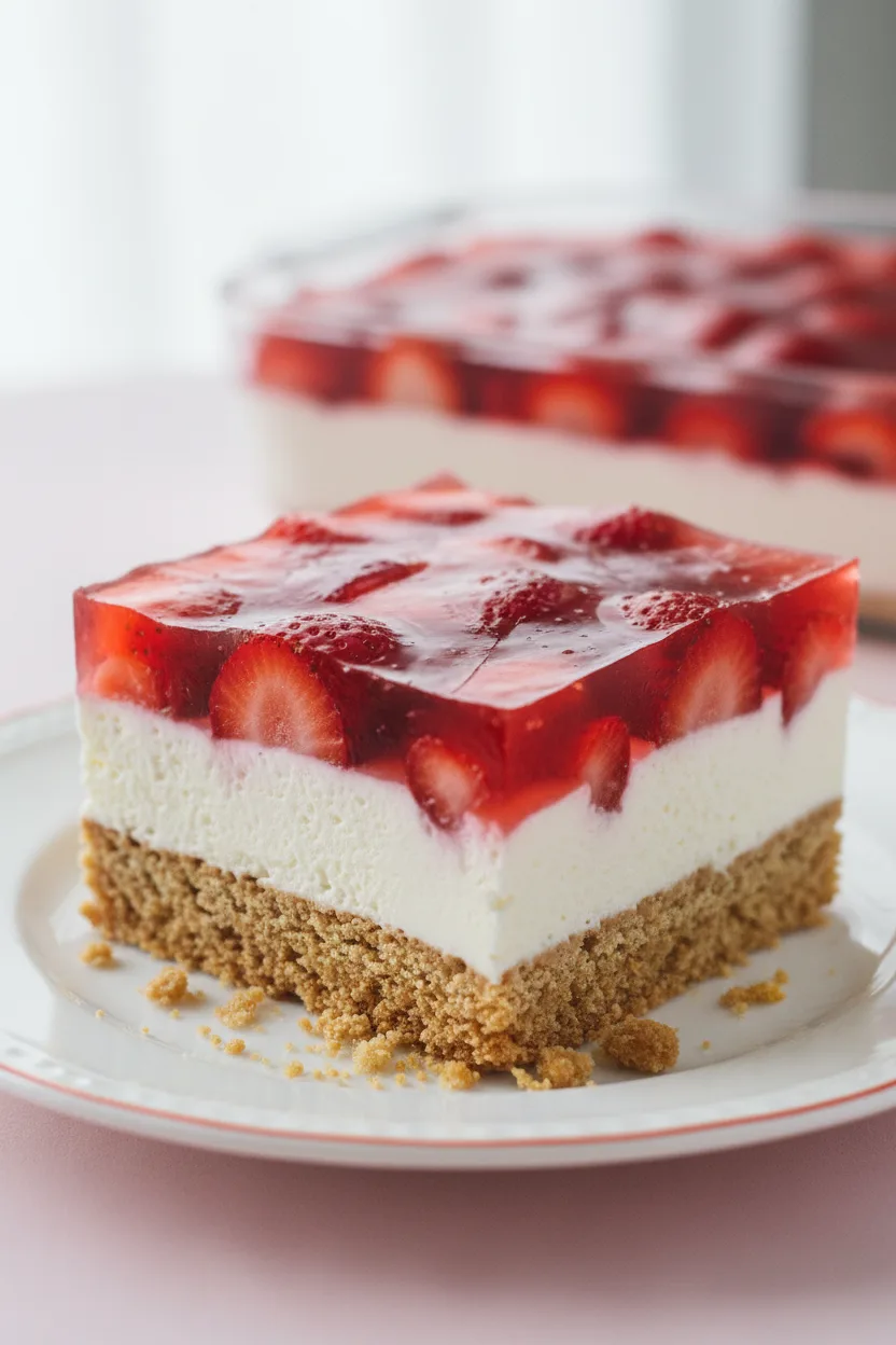 A perfectly cut square of Strawberry Pretzel Salad dessert, showcasing its distinct layers: a translucent red strawberry jelly top, a creamy white middle layer, and a golden-brown pretzel crust base. The dessert sits on a white plate on a pale pink surface.