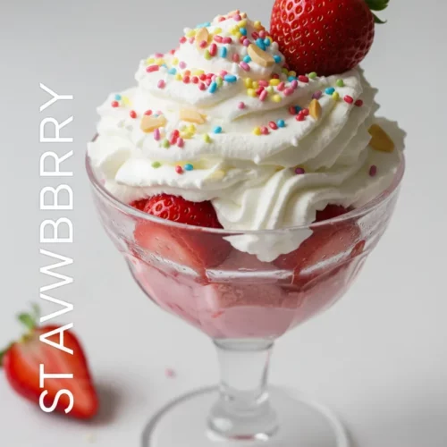 A vibrant, layered strawberry sundae in a clear glass coupe, topped with fluffy whipped cream, colorful candy sprinkles, chopped nuts, and a fresh whole strawberry. The sundae features glistening sliced strawberries and creamy ice cream, artfully arranged with scattered toppings on a white surface.