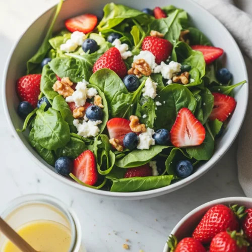 A vibrant summer berry salad in a light grey ceramic bowl, featuring mixed green leaves, fresh strawberry slices, blueberries, crumbled goat cheese, and candied walnuts. A jar of dressing and whole strawberries are nearby.
