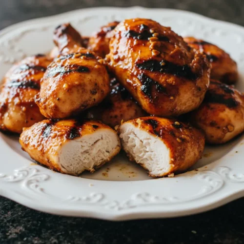 Close-up of glistening sweet chili grilled chicken pieces with visible char marks, piled on an ornate white platter resting on a dark speckled countertop.