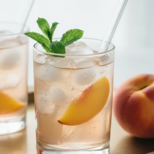 A refreshing glass of sweet peach iced tea filled with clear ice cubes, ripe peach slices, and a sprig of fresh mint, served on a metallic surface with a whole peach nearby. The iced tea is translucent with visible moisture droplets on the ice.