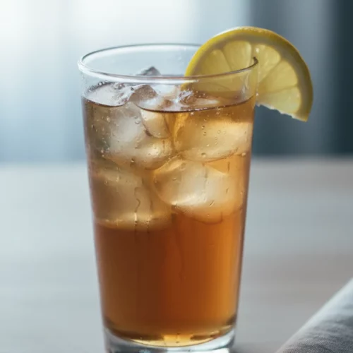 A tall, clear glass filled with iced sweet tea lemonade, featuring translucent amber liquid, melting ice cubes, condensation, and a lemon slice on the rim.