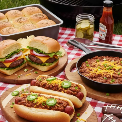 A vibrant, high-key editorial photo of turkey hot dogs with chili, presented on a picnic blanket. The hot dogs are in football-shaped buns, topped generously with chili, shredded cheddar cheese, and jalapeños. The scene also includes sliders, hamburgers on a grill, baked beans, a sandwich, and football-shaped cookies, creating a festive summer spread.