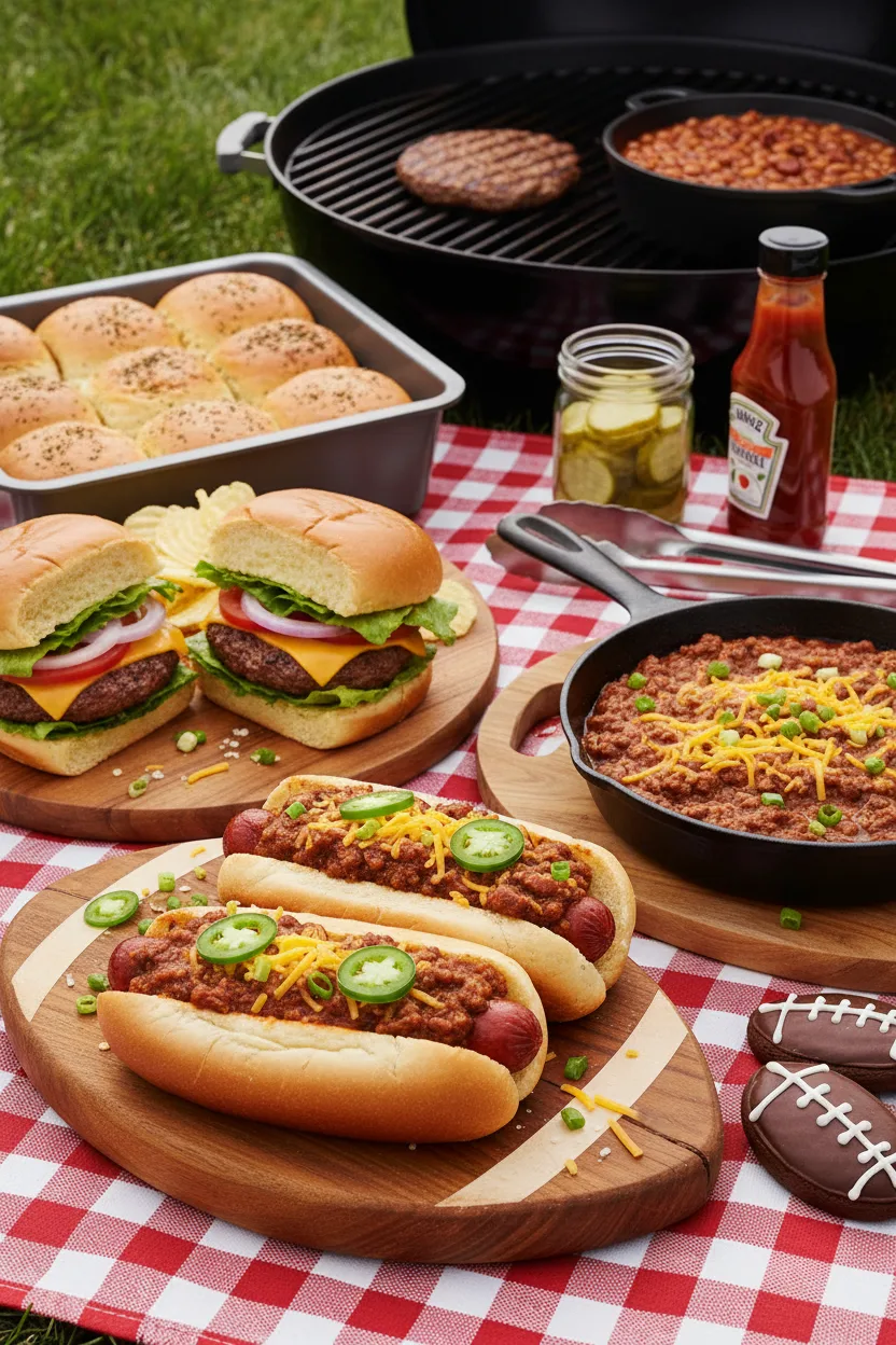 A vibrant, high-key editorial photo of turkey hot dogs with chili, presented on a picnic blanket. The hot dogs are in football-shaped buns, topped generously with chili, shredded cheddar cheese, and jalapeños. The scene also includes sliders, hamburgers on a grill, baked beans, a sandwich, and football-shaped cookies, creating a festive summer spread.