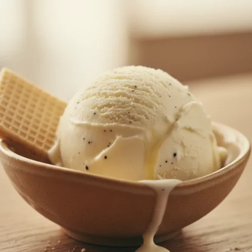 A close-up, editorial shot of creamy homemade vanilla bean ice cream with visible specks of vanilla bean, scooped into a light brown dish. A rectangular wafer cookie with a grid pattern is placed partially under the scoop. The ice cream shows slight melting and a glossy sheen.