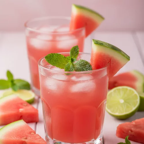 Deux verres rafraîchissants de Virgin Watermelon Mojito, ornés de menthe fraîche et de tranches de pastèque, sur une table d'été pastel. L'un des verres est en focus net, mettant en valeur les dés de pastèque et les feuilles de menthe.