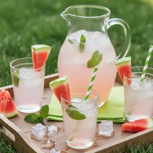 A close-up shot of a refreshing Watermelon Lemonade Mocktail in clear glasses, garnished with watermelon wedges and mint. The drink features condensation on the glass, clear ice cubes, and is set on a rustic wooden tray with a blurred green grassy background, highlighting its chilled and vibrant appearance.