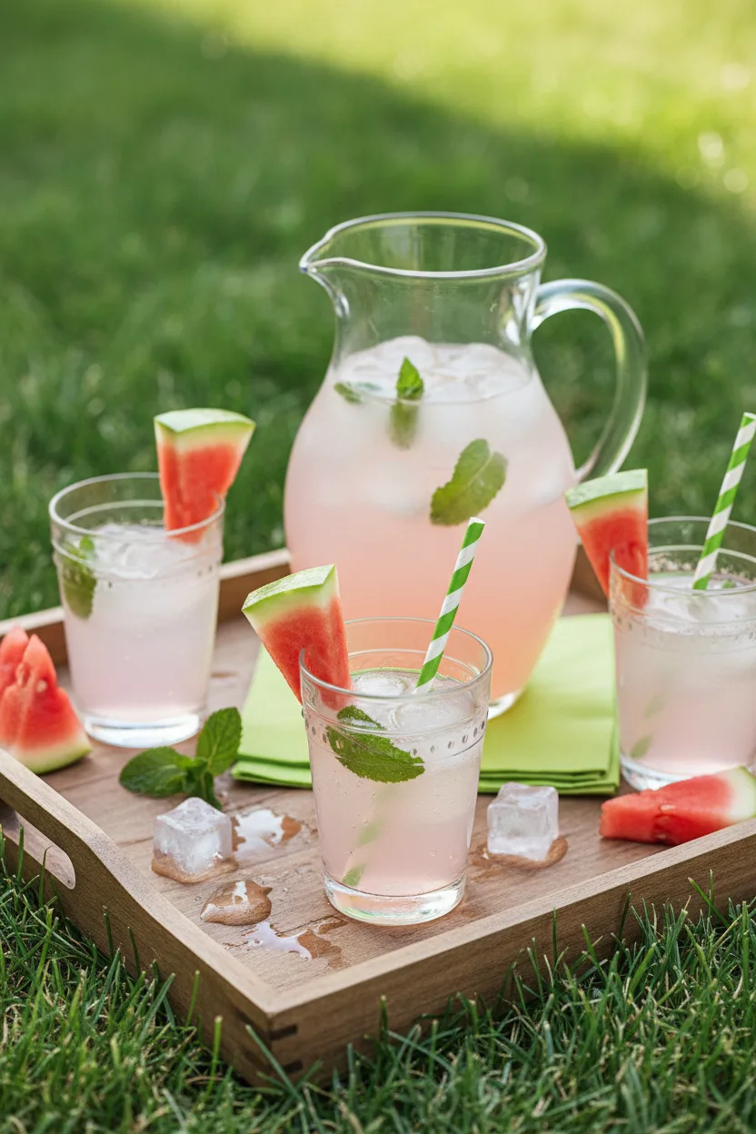 A close-up shot of a refreshing Watermelon Lemonade Mocktail in clear glasses, garnished with watermelon wedges and mint. The drink features condensation on the glass, clear ice cubes, and is set on a rustic wooden tray with a blurred green grassy background, highlighting its chilled and vibrant appearance.