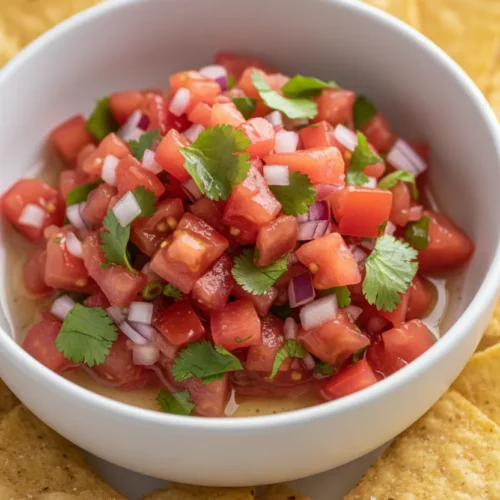A close-up shot of vibrant watermelon salsa with jalapeño, fresh cilantro, and red onion, served in a matte white ceramic bowl, with golden-yellow corn tortilla chips artfully arranged around it.