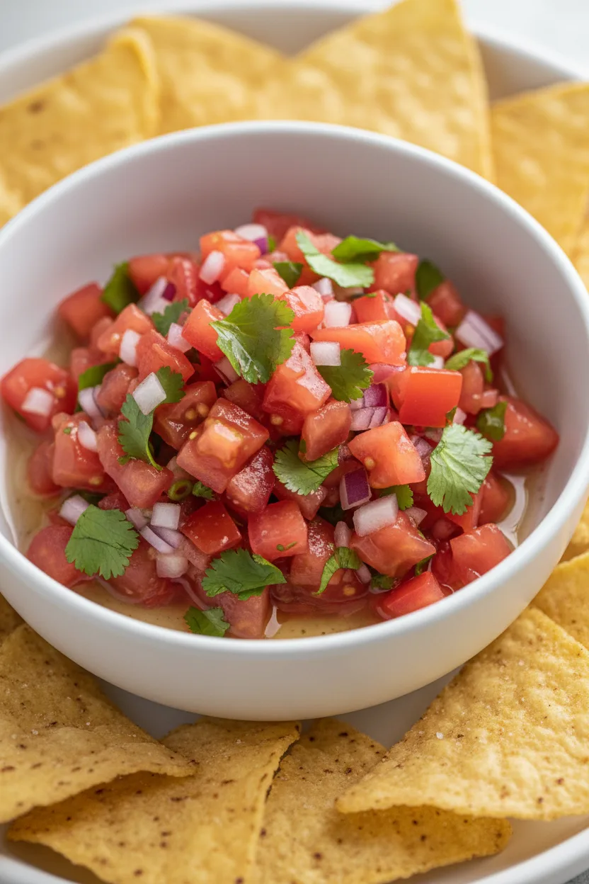 A close-up shot of vibrant watermelon salsa with jalapeño, fresh cilantro, and red onion, served in a matte white ceramic bowl, with golden-yellow corn tortilla chips artfully arranged around it.