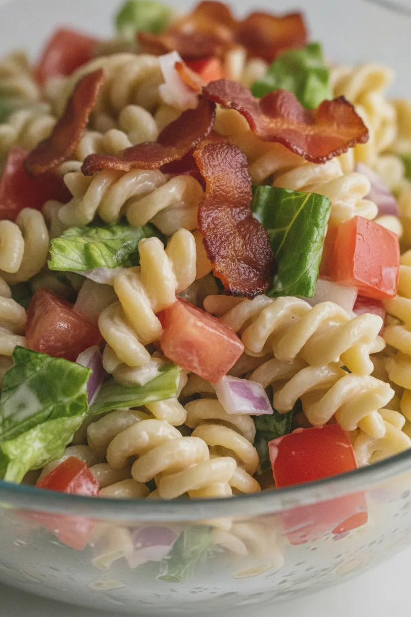 A vibrant BLT pasta salad featuring beef bacon, crisp lettuce, juicy diced tomatoes, and red onion, all tossed in a creamy dressing. The ingredients are mixed in a clear glass bowl, presented from a top-down view with a shallow depth of field.