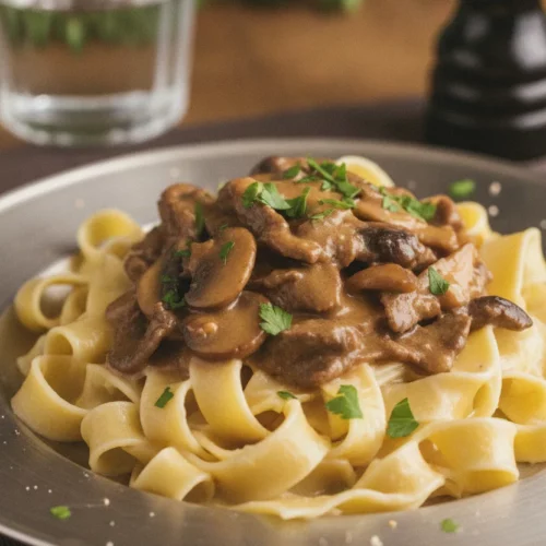 A close-up, editorial-style shot of Beef Stroganoff (No Alcohol) featuring wide egg noodles generously topped with thinly sliced beef and earthy mushrooms in a savory brown sauce, garnished with fresh parsley. The dish is presented on a plate with a metallic rim, set against a dark placemat and a softly blurred background.