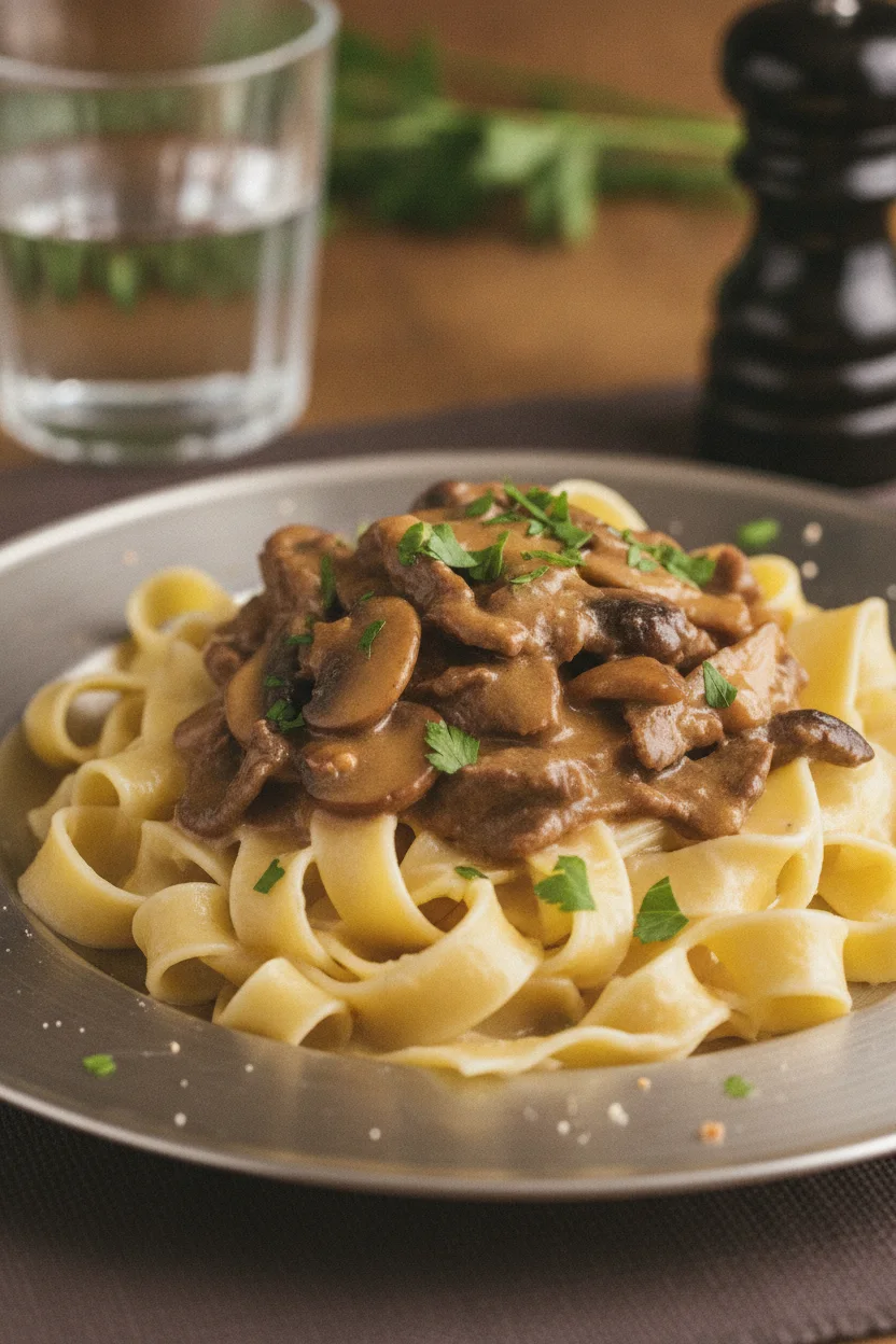 A close-up, editorial-style shot of Beef Stroganoff (No Alcohol) featuring wide egg noodles generously topped with thinly sliced beef and earthy mushrooms in a savory brown sauce, garnished with fresh parsley. The dish is presented on a plate with a metallic rim, set against a dark placemat and a softly blurred background.