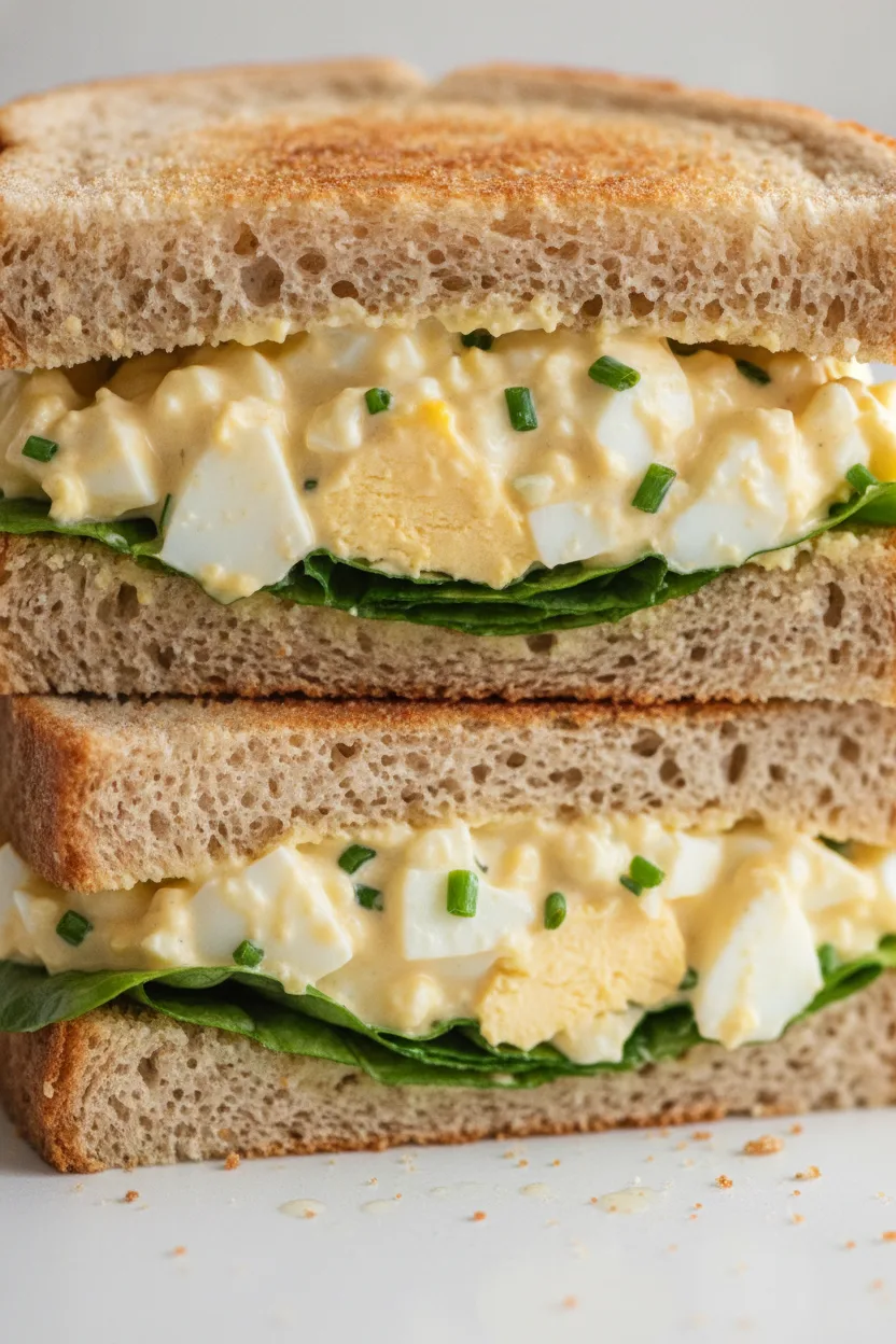A close-up, high-key shot of the best egg salad sandwich recipe, showcasing creamy egg salad with visible chunks of egg and crisp lettuce on toasted whole wheat bread. The sandwich is perfectly focused against a softly blurred background.