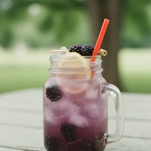 A refreshing homemade Blackberry Lemonade served in a glass mason jar, garnished with fresh blackberries and lemon slices, resting on a rustic wooden surface outdoors. The image features natural light, creating soft highlights and diffused shadows, with a blurred green foliage background.