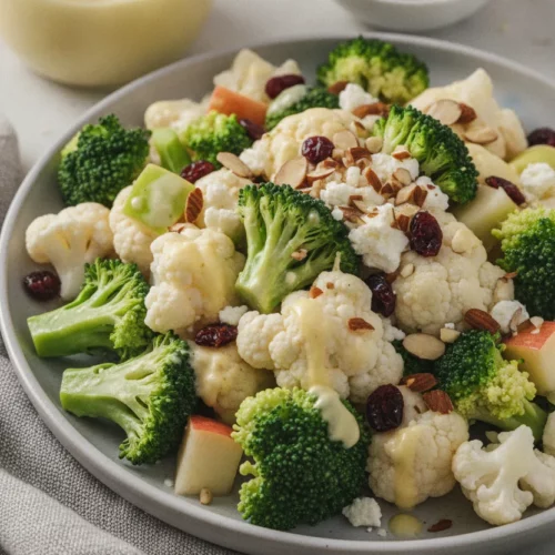 A close-up, editorial-style photograph of a fresh Broccoli Apple Cauliflower Salad. The salad features bright green broccoli florets, pale white cauliflower florets, and diced apple cubes, all coated in a light, creamy dressing. Crumbled feta cheese and chopped almonds are visible throughout, along with shriveled dark red dried cranberries. A fork rests in the salad on a matte light-grey ceramic plate. The background includes a glass jar of dressing and a small dish of almonds, with a grey linen napkin.
