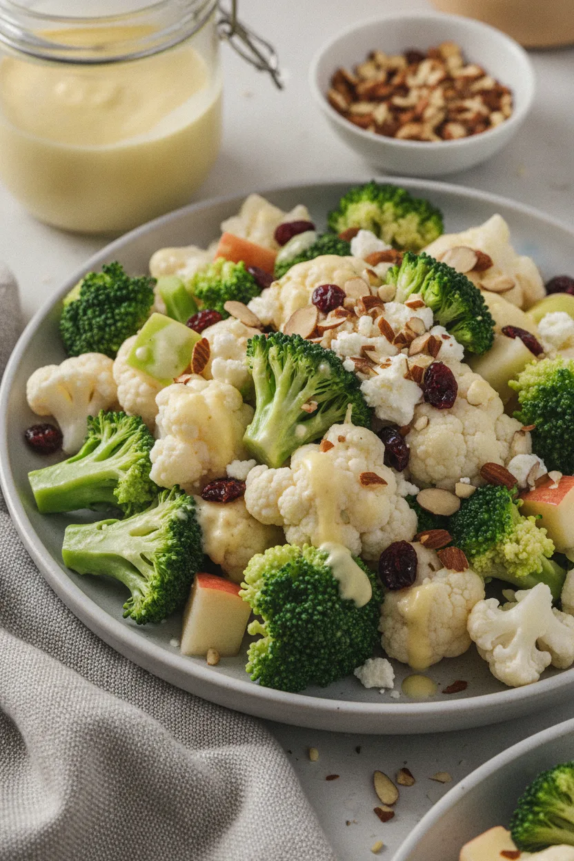 A close-up, editorial-style photograph of a fresh Broccoli Apple Cauliflower Salad. The salad features bright green broccoli florets, pale white cauliflower florets, and diced apple cubes, all coated in a light, creamy dressing. Crumbled feta cheese and chopped almonds are visible throughout, along with shriveled dark red dried cranberries. A fork rests in the salad on a matte light-grey ceramic plate. The background includes a glass jar of dressing and a small dish of almonds, with a grey linen napkin.