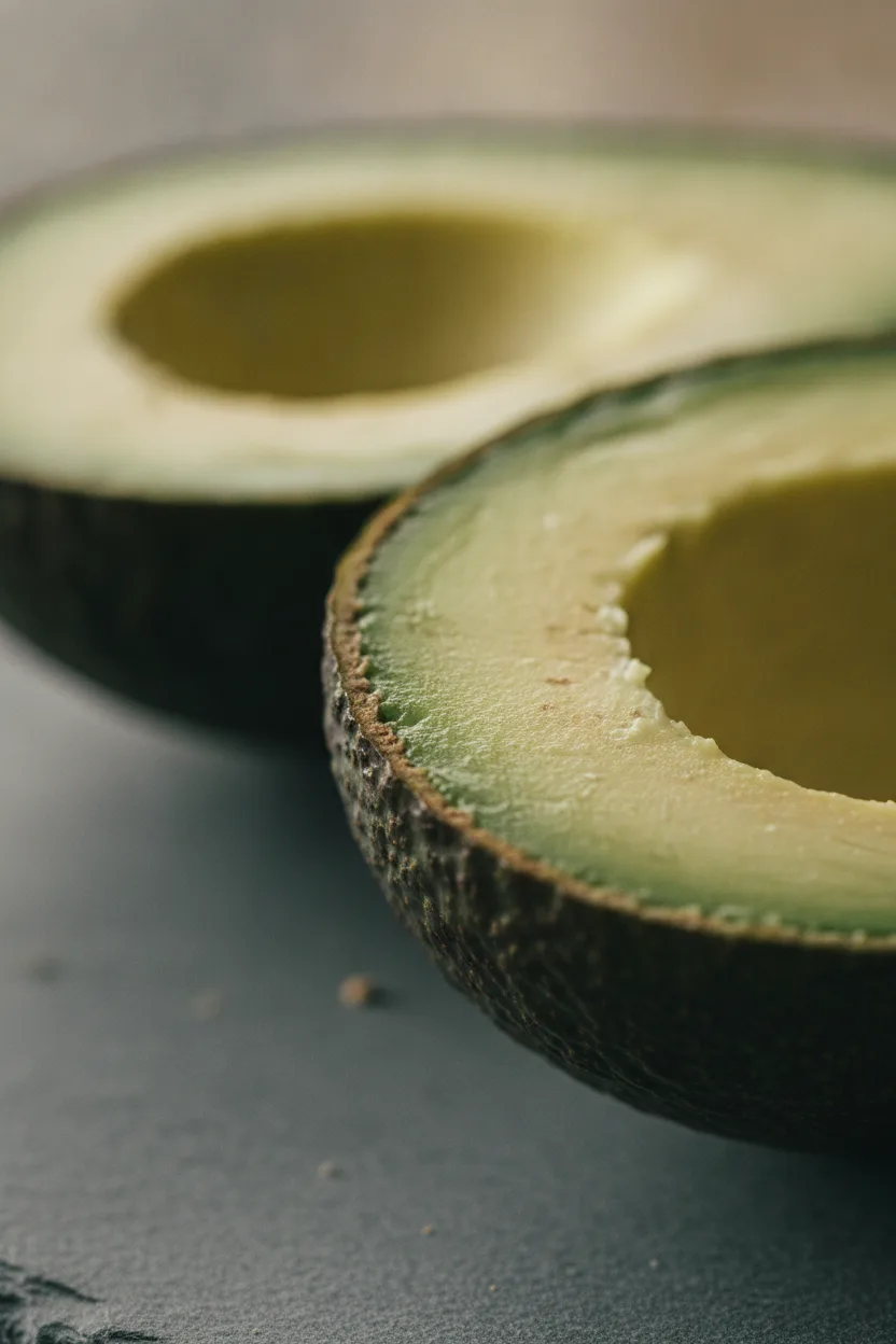 Close-up editorial shot of a perfectly ripe avocado, halved, revealing its vibrant emerald green flesh with a subtle oily sheen. The avocado rests on a cool-toned slate surface, emphasizing its natural beauty. The image is softly lit with a shallow depth of field, ideal for food photography inspiration.