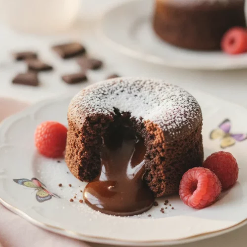 A close-up shot of a decadent dark chocolate lava cake with its molten center oozing out. The cake is dusted with powdered sugar and garnished with fresh raspberries, set against a blurred background of similar desserts and ingredients. This editorial food photography captures the rich texture and gooey interior of the chocolate lava cakes.