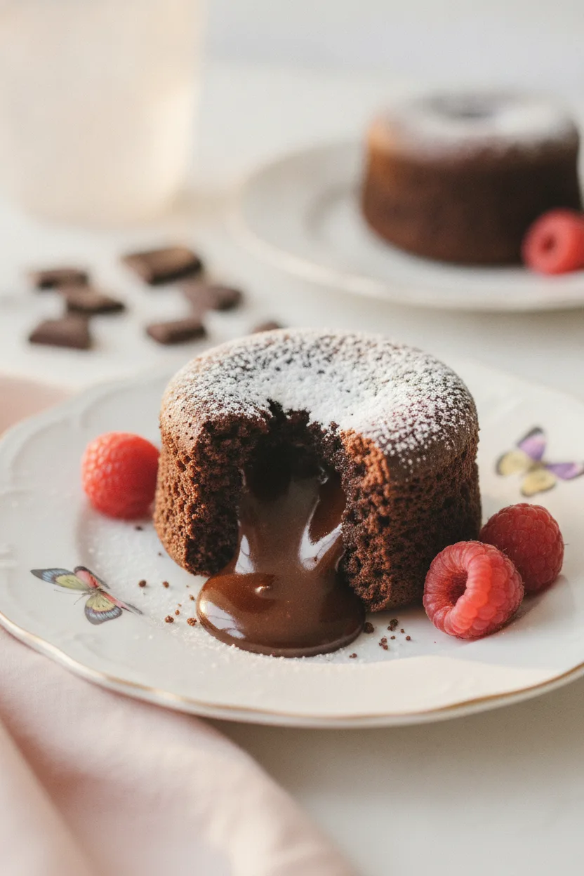 A close-up shot of a decadent dark chocolate lava cake with its molten center oozing out. The cake is dusted with powdered sugar and garnished with fresh raspberries, set against a blurred background of similar desserts and ingredients. This editorial food photography captures the rich texture and gooey interior of the chocolate lava cakes.
