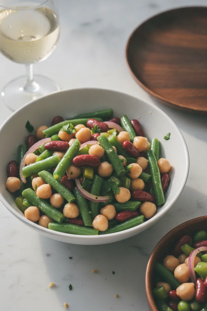 A bright, high-key photograph of a classic 3 bean salad recipe in a white ceramic bowl. The salad, featuring green beans, chickpeas, and kidney beans, is evenly coated in dressing and garnished with diced red onion and green bell pepper. Two stainless steel spoons with wooden handles and a glass of white wine are visible on a marble surface.