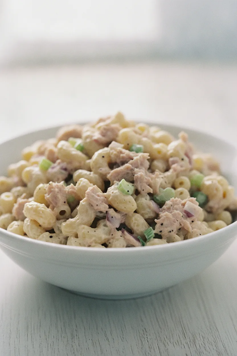 A close-up, high-key, commercial photograph of a classic tuna macaroni salad in a white ceramic bowl. The salad features creamy dressing coating perfectly cooked macaroni, mixed with flaky tuna and finely chopped celery and red onion, with visible black pepper specks. A silver fork rests beside the bowl on a light wooden surface, with a soft, blurred white and wood background.
