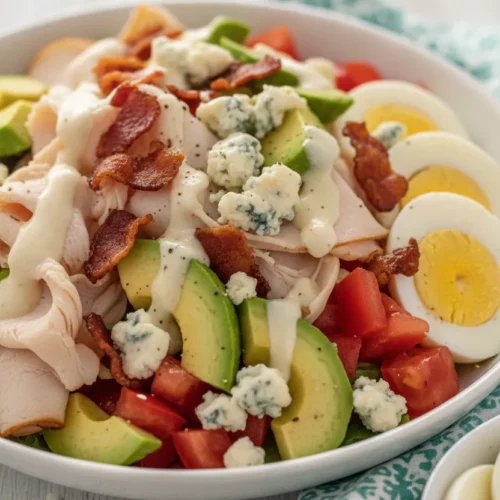 A vibrant Cobb salad featuring turkey bacon, avocado, tomatoes, hard-boiled eggs, and blue cheese, generously drizzled with creamy dressing. This high-key food photography showcases fresh ingredients in a white bowl, with silver forks and a patterned napkin on a wooden background.
