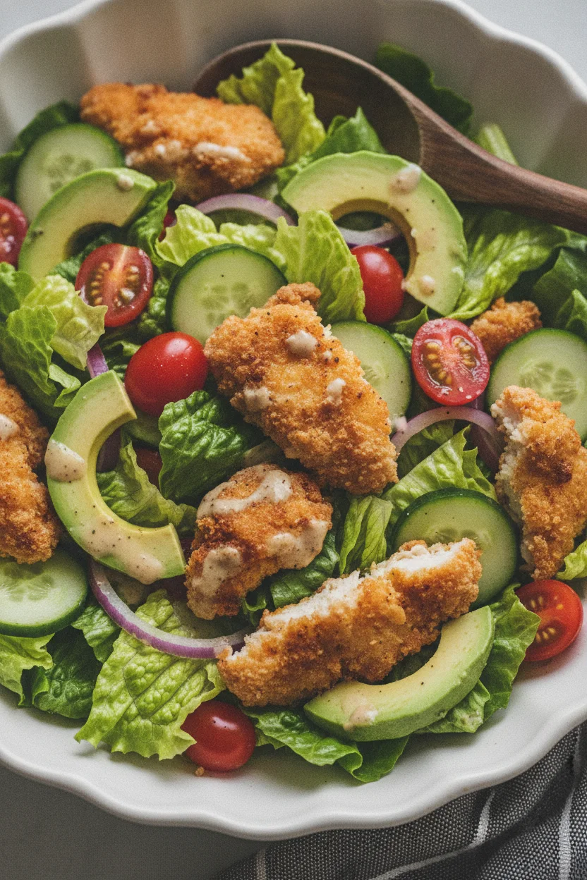 Top-down view of a vibrant crispy chicken finger salad bowl, featuring golden-brown fried chicken, creamy avocado, glossy cherry tomatoes, crisp lettuce, red onion, and cucumber, drizzled with a light creamy dressing. A wooden salad server is placed in the bowl.