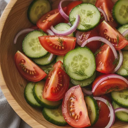 A vibrant cucumber tomato onion salad in a rustic wooden bowl, showcasing fresh, crisp ingredients with finely chopped dill. The salad is brightly lit, with a shallow depth of field highlighting the textures and colors of the chopped tomatoes, sliced cucumbers, and red onion slivers.