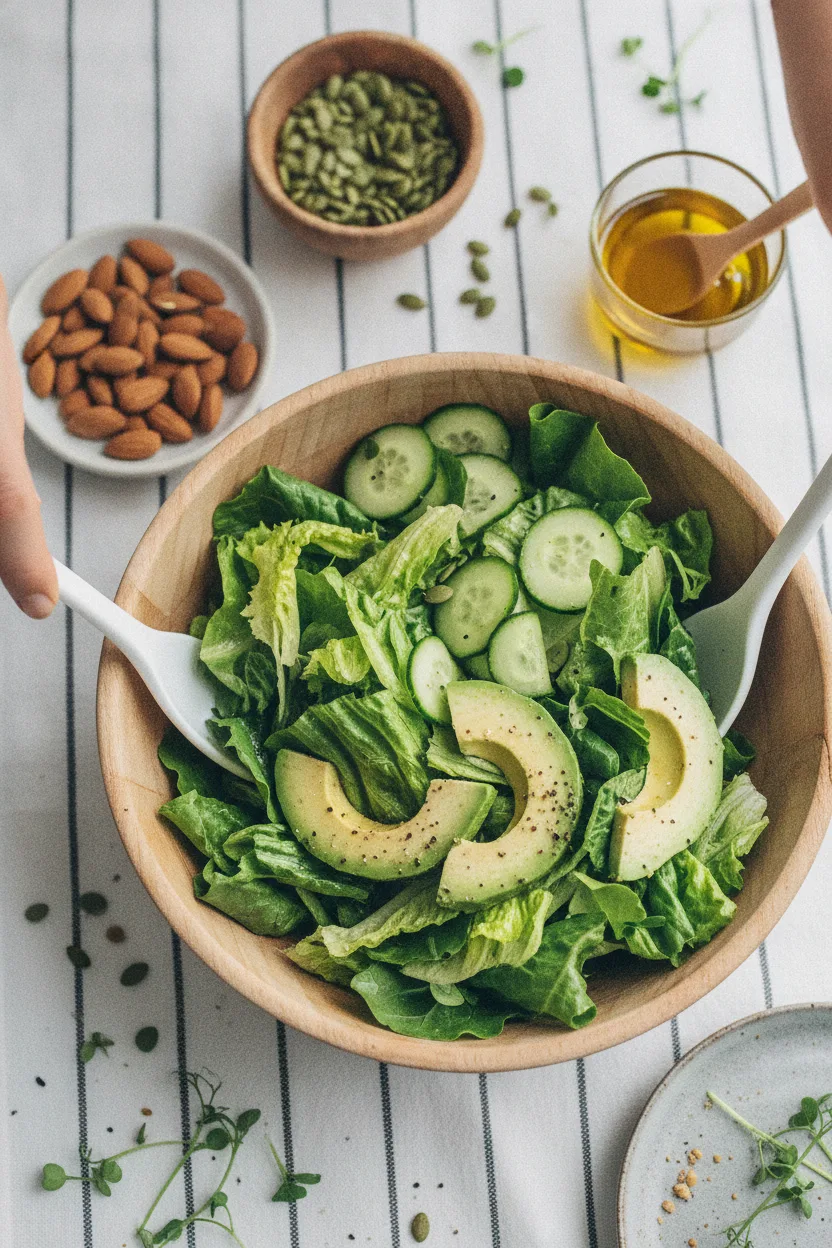 A vibrant and fresh everyday green salad, prepared with crisp lettuce, avocado, cucumber, and almonds, ready to be tossed with olive oil dressing. This healthy salad recipe is captured in bright, airy commercial food photography.