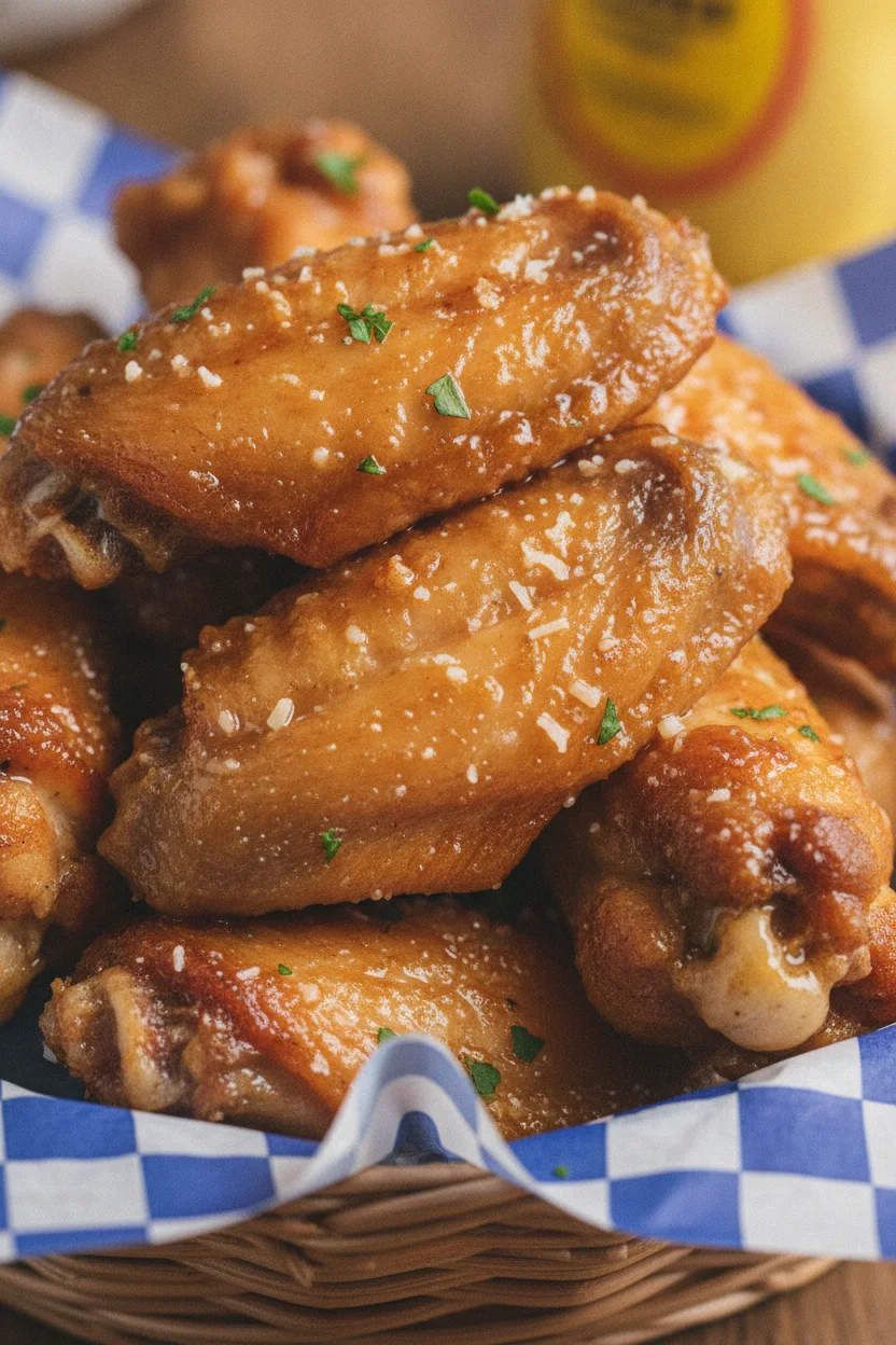 Pile of glistening, golden-brown crispy Garlic Parmesan Wings, coated in a savory sauce with flecks of parsley and Parmesan cheese, served in a basket with checkered liner.