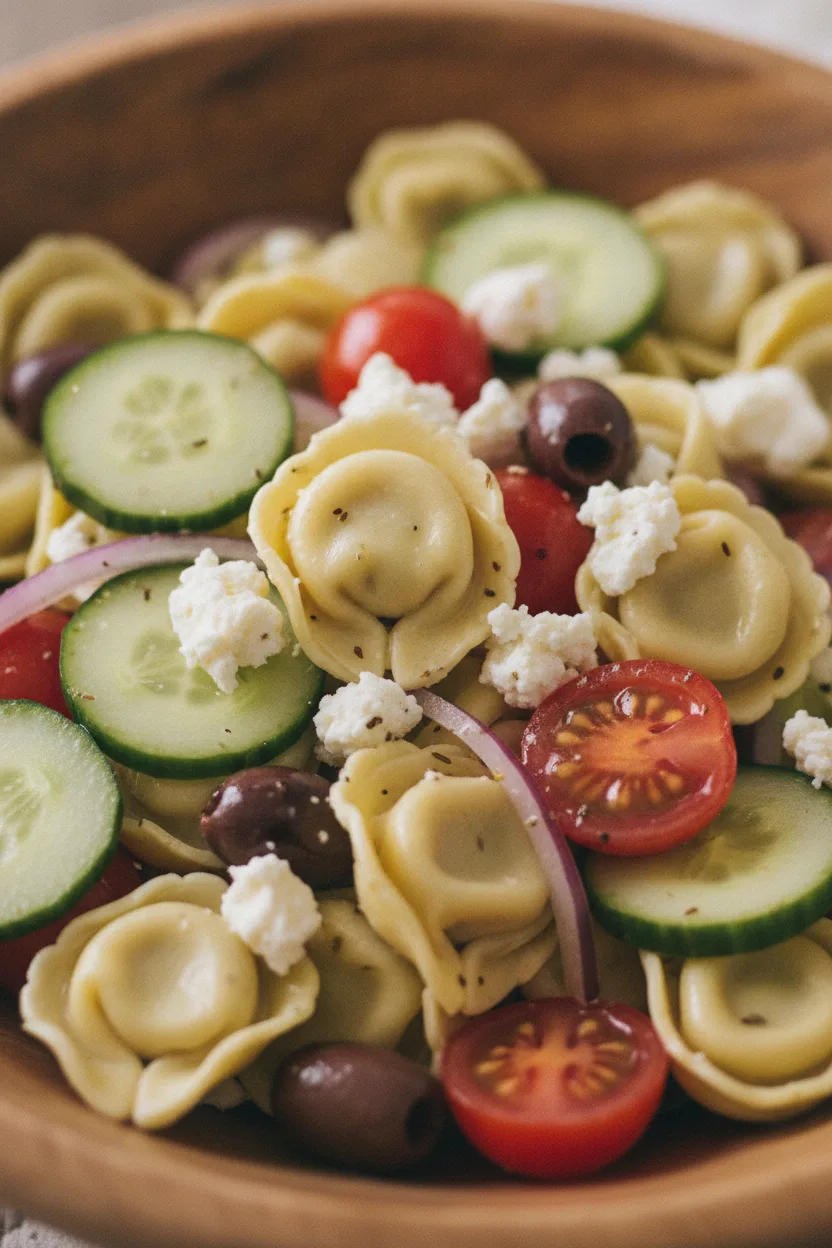A vibrant Greek Tortellini Salad featuring cooked tortellini pasta, crisp cucumber slices, plump halved cherry tomatoes, crumbled feta cheese, Kalamata olives, and slivers of red onion, tossed in a light dressing within a rustic wooden bowl. The salad is presented in a bright, magazine-style food photography shot.