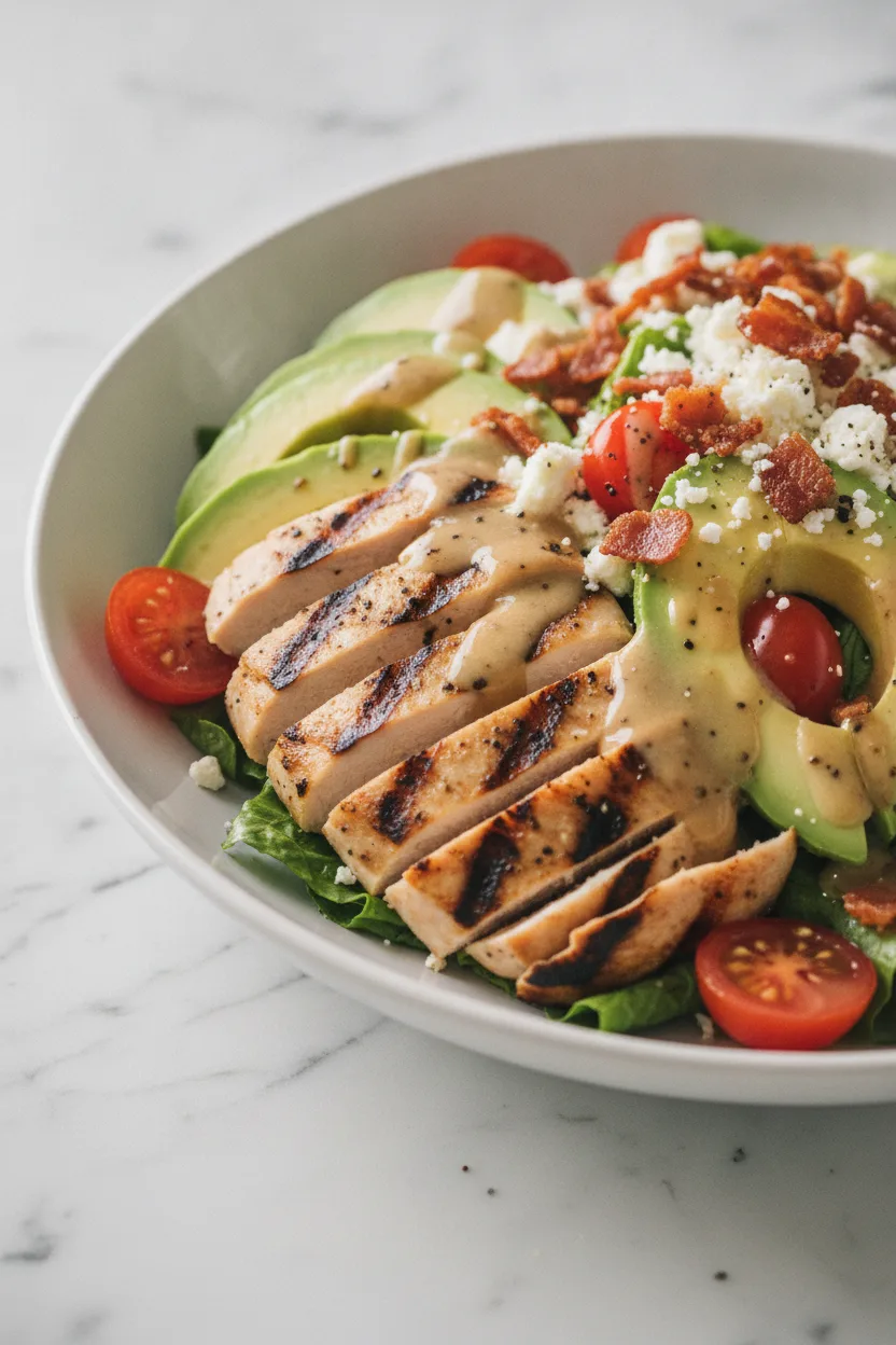 A vibrant, high-key photograph of a grilled chicken and avocado salad. The salad features crisp lettuce, creamy avocado slices, plump cherry tomatoes, seared grilled chicken with prominent grill marks, crumbled feta cheese, and crispy bacon bits, all tossed in a glossy dressing and presented in a white ceramic bowl on a marble surface with a fork nearby.