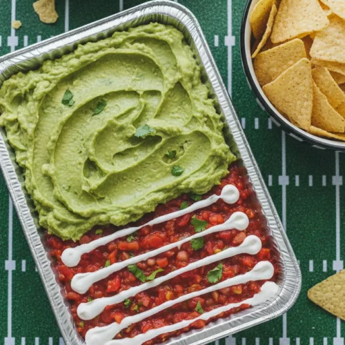 A top-down view of a Guacamole Football Field Dip served in a metallic foil pan, creatively decorated to resemble a football field with sour cream lines, accompanied by tortilla chips in a striped bowl and a football mold.