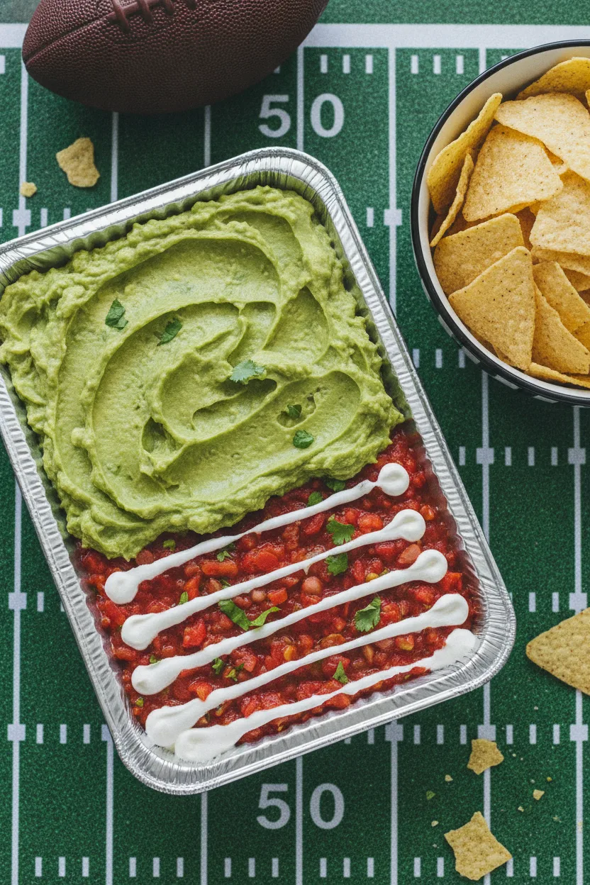 A top-down view of a Guacamole Football Field Dip served in a metallic foil pan, creatively decorated to resemble a football field with sour cream lines, accompanied by tortilla chips in a striped bowl and a football mold.