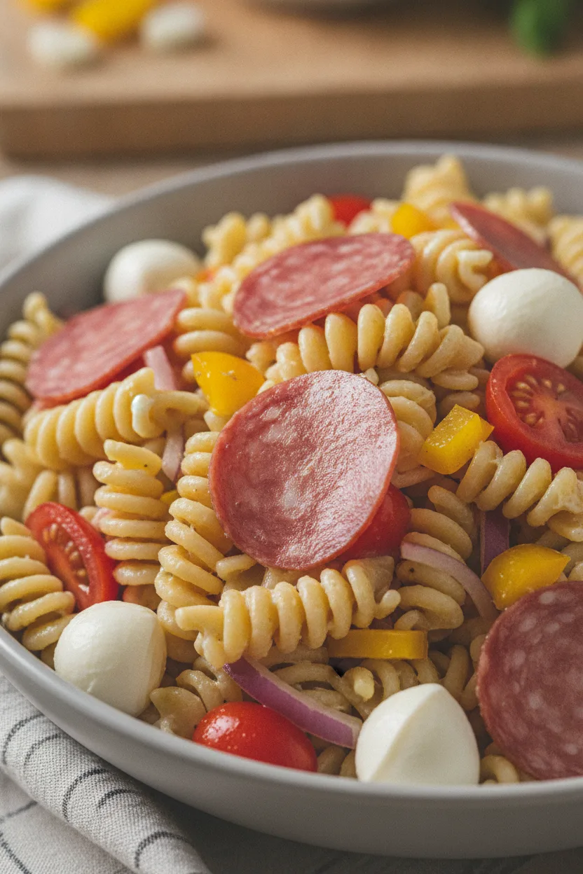 A generous serving of fusilli pasta salad with beef salami, red onion, yellow bell pepper, cherry tomatoes, and fresh mozzarella balls in a gray ceramic bowl, presented with a serving fork.