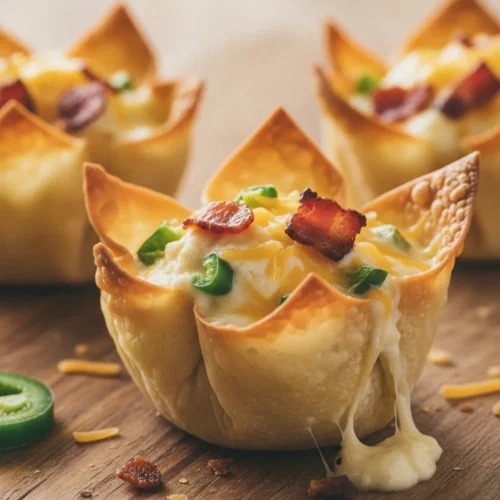 Three baked Jalapeno Popper Wontons arranged diagonally on a rustic wooden board, showcasing a creamy, cheesy filling with visible jalapeno flecks and crispy bacon bits. The wonton cups are golden brown with flaky edges.