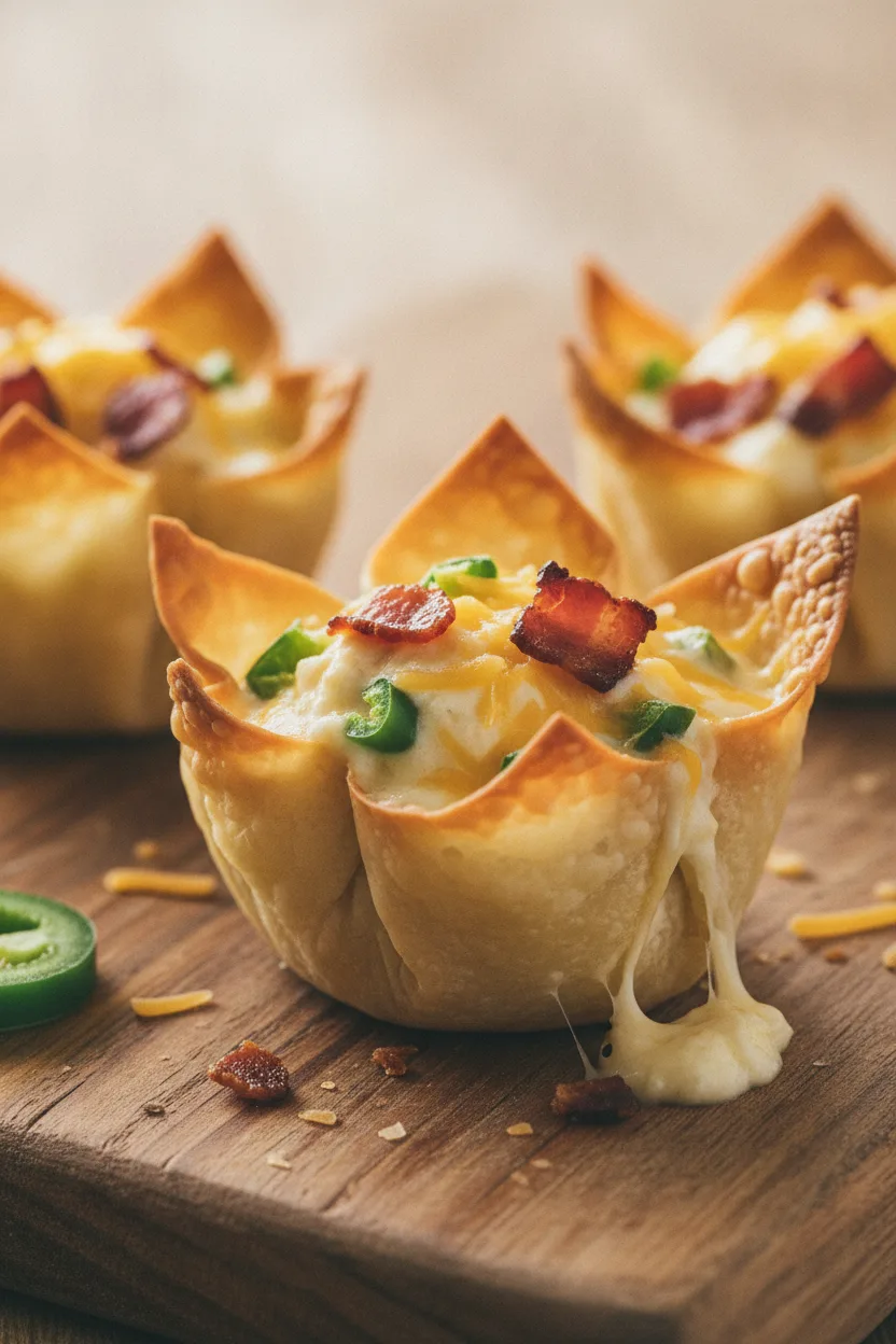 Three baked Jalapeno Popper Wontons arranged diagonally on a rustic wooden board, showcasing a creamy, cheesy filling with visible jalapeno flecks and crispy bacon bits. The wonton cups are golden brown with flaky edges.