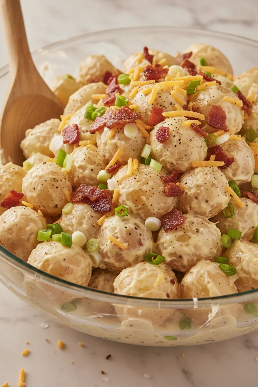 A generous bowl of Loaded Baked Potato Salad with Beef Bacon, featuring creamy dressing, crumbled bacon, shredded cheddar cheese, and green onions.