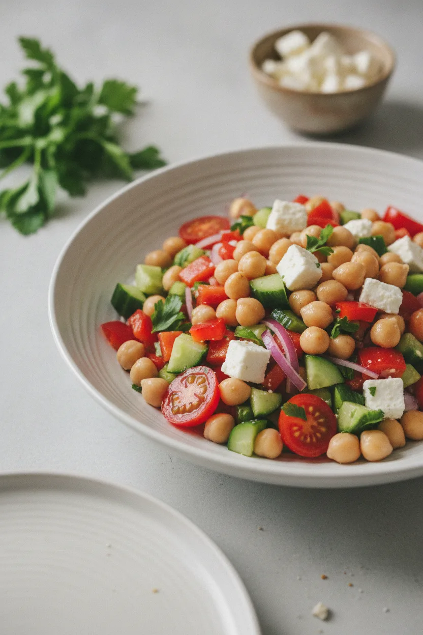 A vibrant Mediterranean chickpea salad with diced cucumber, red bell pepper, red onion, cherry tomatoes, and feta cheese, sprinkled with fresh parsley. A silver spoon rests in the salad bowl, which is placed on a textured surface with a side bowl of feta and a bunch of parsley.