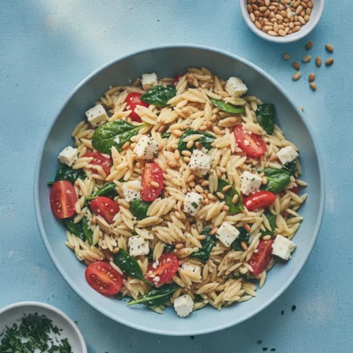 A vibrant orzo pasta salad with spinach, feta cheese, cherry tomatoes, and toasted pine nuts, presented in a light blue ceramic bowl. The salad is topped with fresh herbs and features glistening ingredients, highlighting its freshness.