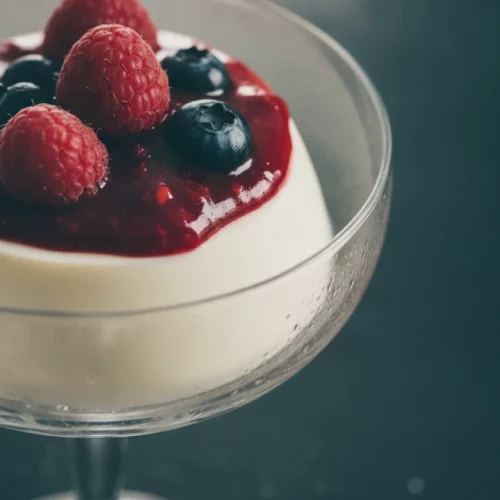 A smooth, silken panna cotta topped with vibrant berry sauce and whole berries, served in a clear glass coupe with an antique silver spoon, on a dark slate background. This is an elegant panna cotta with berry sauce.